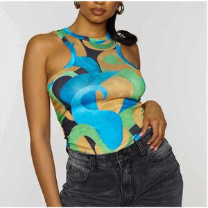 PrettyLittleThing Blue Abstract Print Racer Neck Tank Top size 10 Y2K Athletic